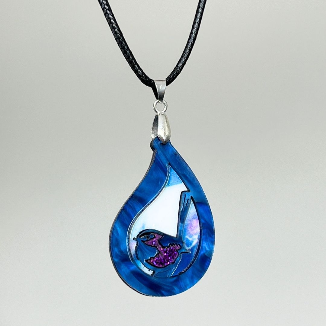 Blue 'Rain Wren' Pendant (FREE Brooch)