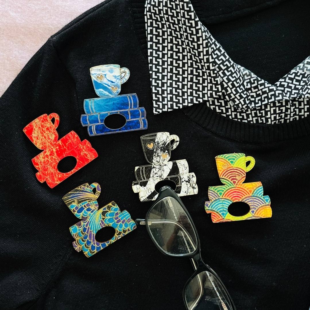 Coffee Cup & Books Glasses Brooch (5 Colors)