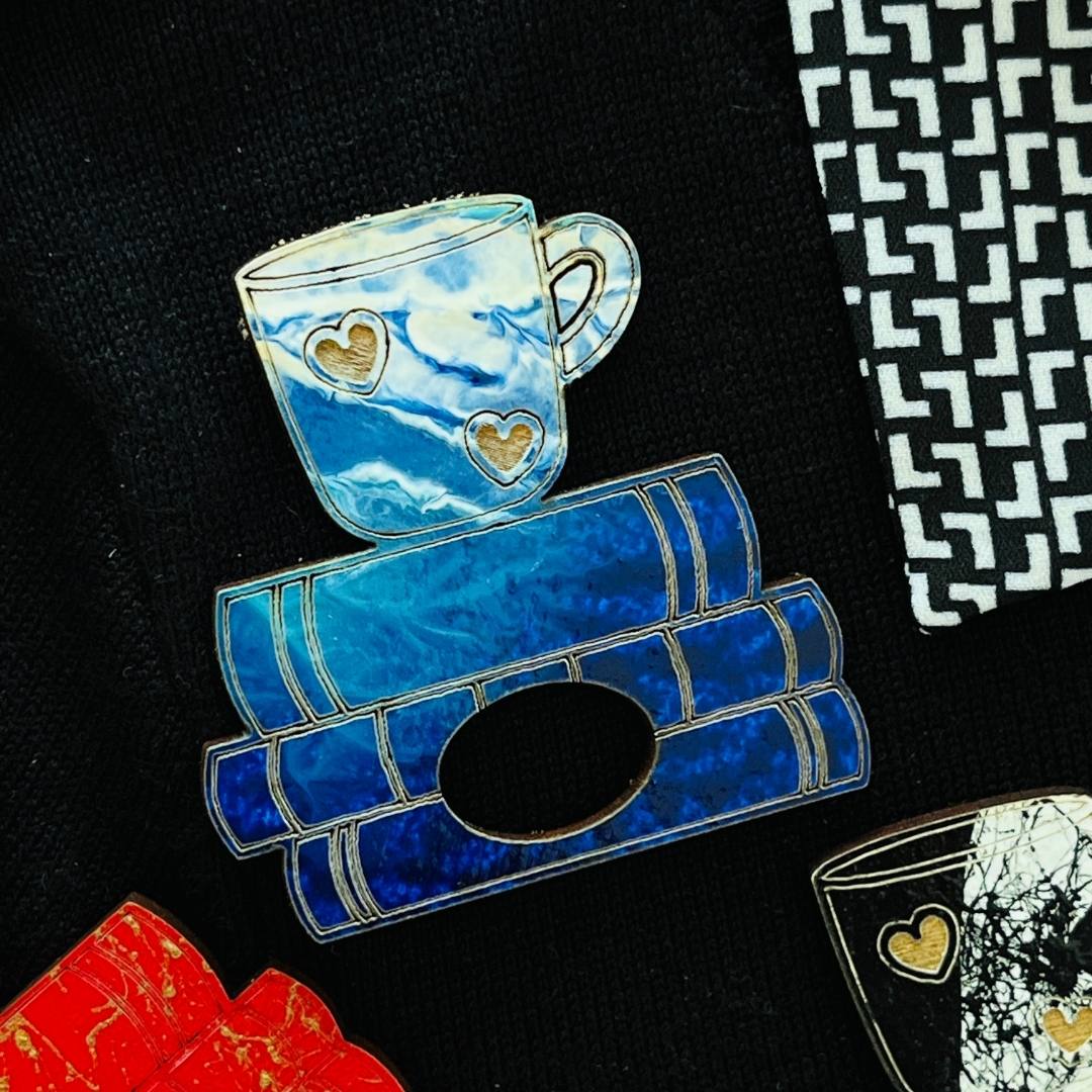 Coffee Cup & Books Glasses Brooch (5 Colors)