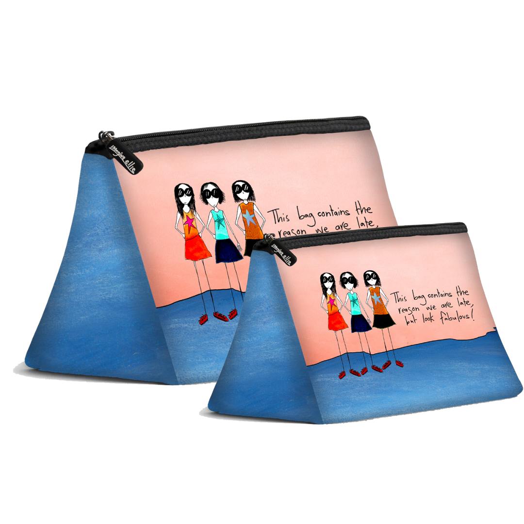 'This bag contains the reason we are late, but look fabulous' Cosmetic Bags (2 sizes)