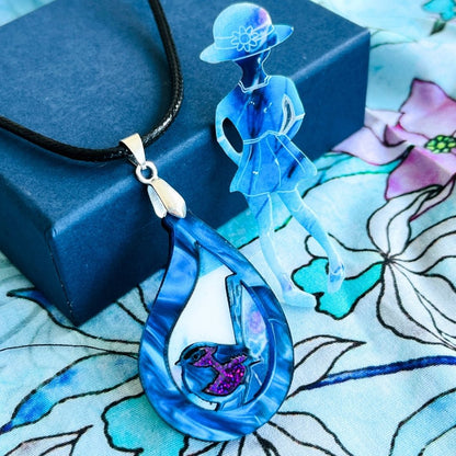 Blue 'Rain Wren' Pendant (FREE Brooch)