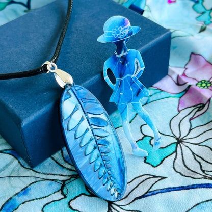 Blue 'Fern' Pendant (FREE Brooch)