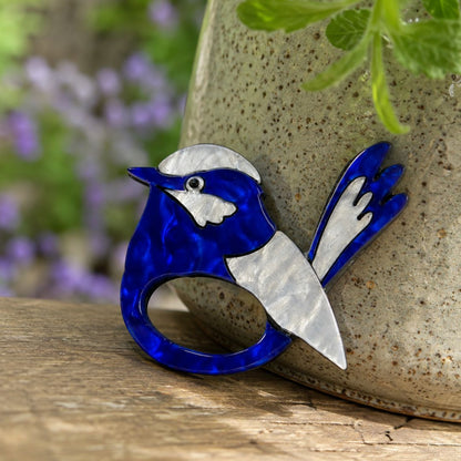 Blue & Silver Wren - Dual Layer Glasses Brooch