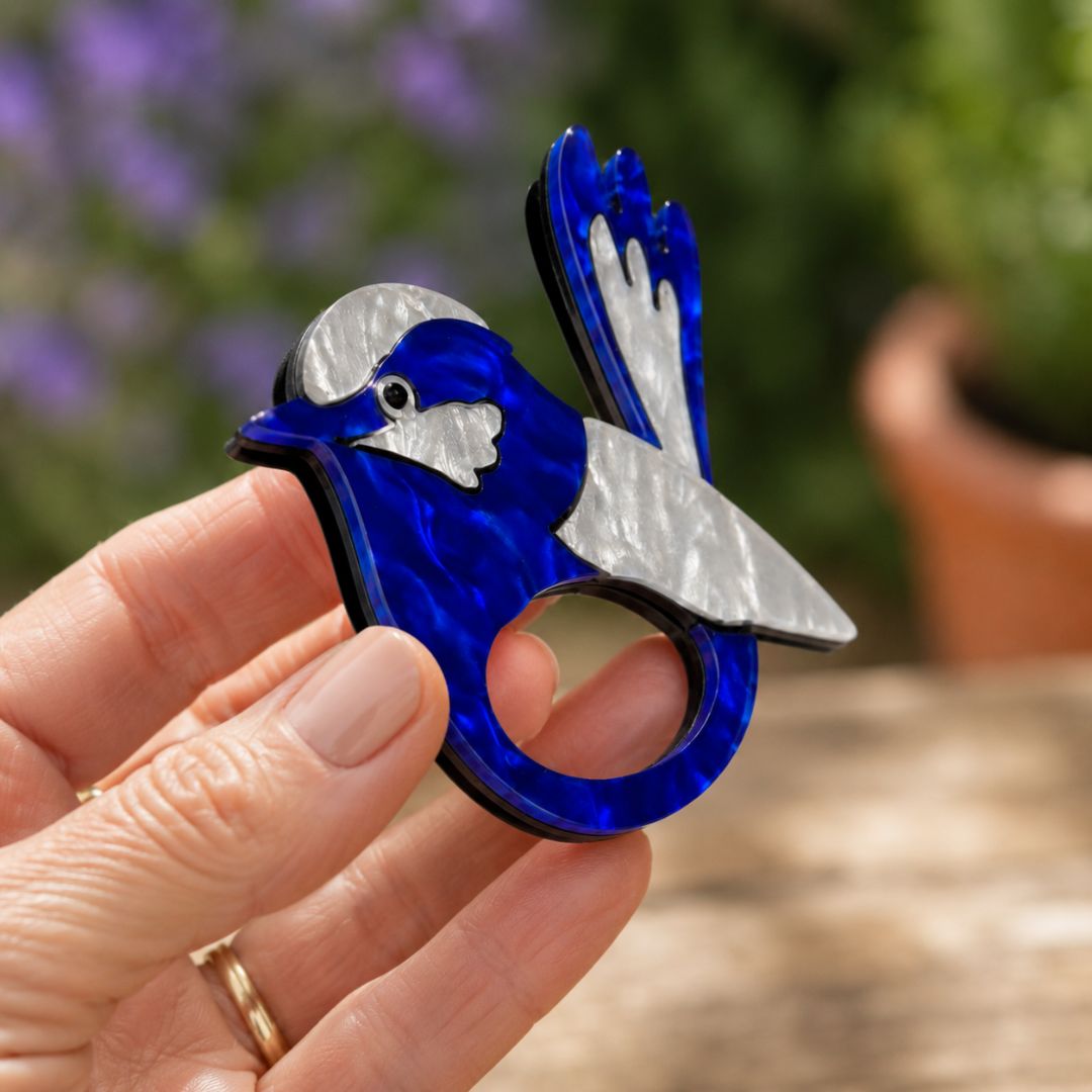 Blue & Silver Wren - Dual Layer Glasses Brooch