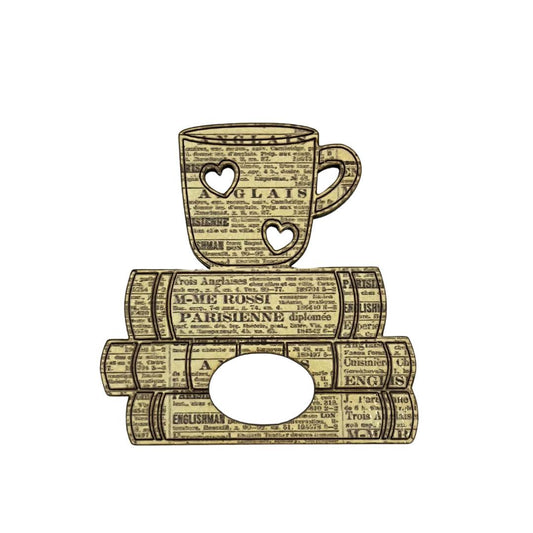 Coffee Cup & Books Glasses Brooch (Newspaper Print)
