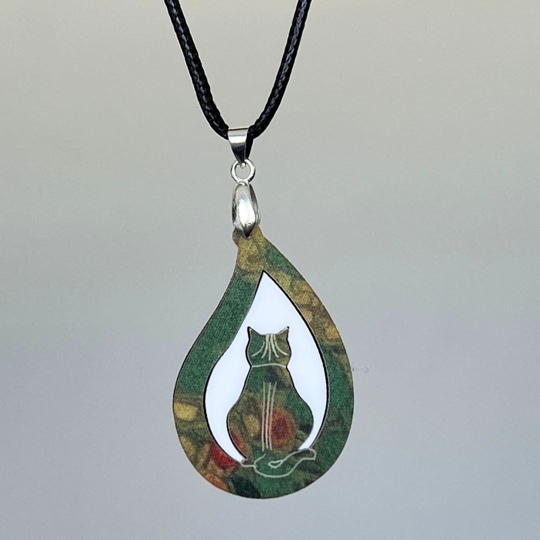 Green 'Rain Cat' Pendant (FREE Brooch)