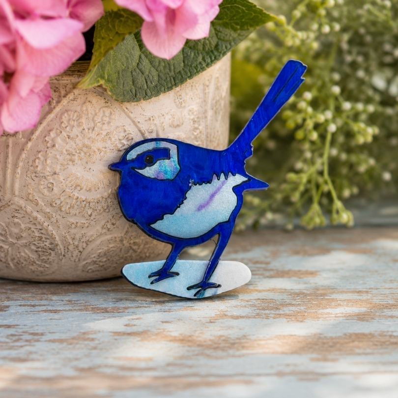 'Mid-Blue Wren' Magnetic Brooch