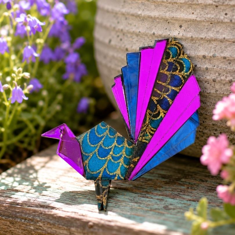 'Origami Peacock'' Magnetic Brooch
