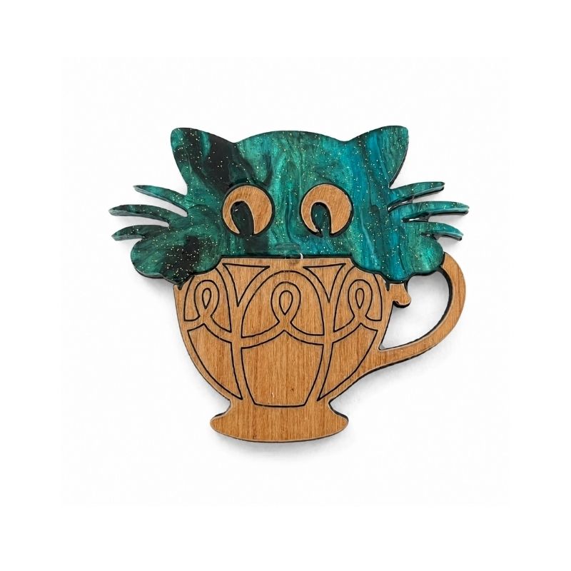 'Cat in a Cup' Magnetic Brooch