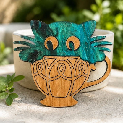 'Cat in a Cup' Magnetic Brooch