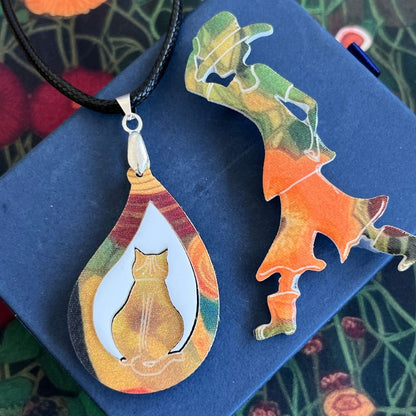 Orange 'Rain Cat' Pendant (FREE Brooch)