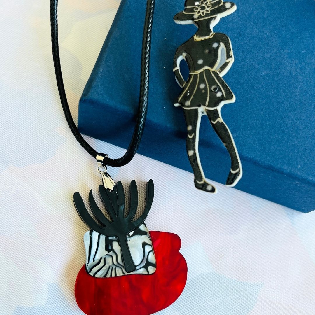 Red & Black 'Cactus' Pendant (FREE Brooch)