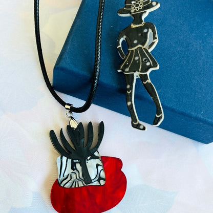 Red & Black 'Cactus' Pendant (FREE Brooch)